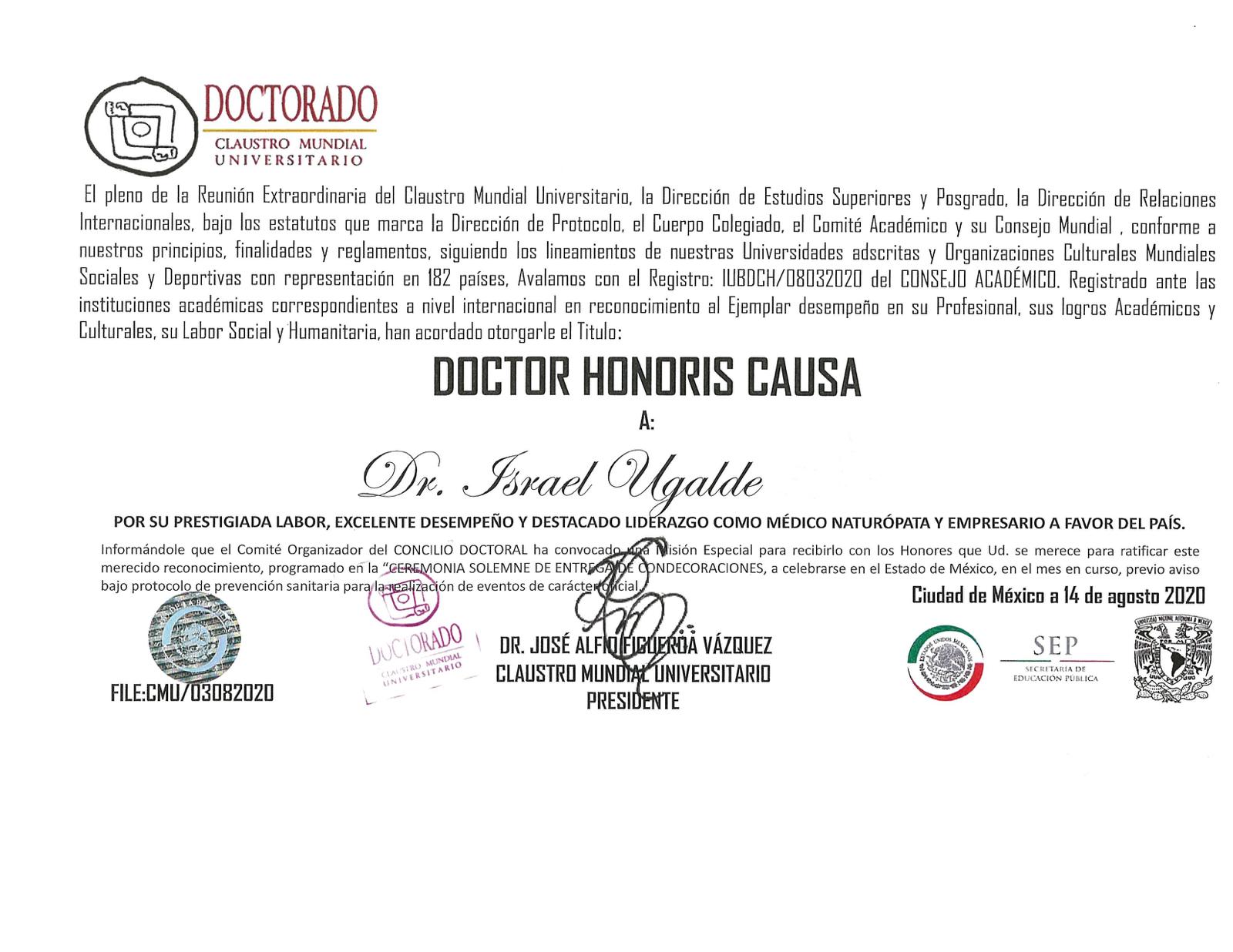 Doctorado Honoris Causa Israel Ugalde, Ca Ye Cualli – Programa de Salud Integral